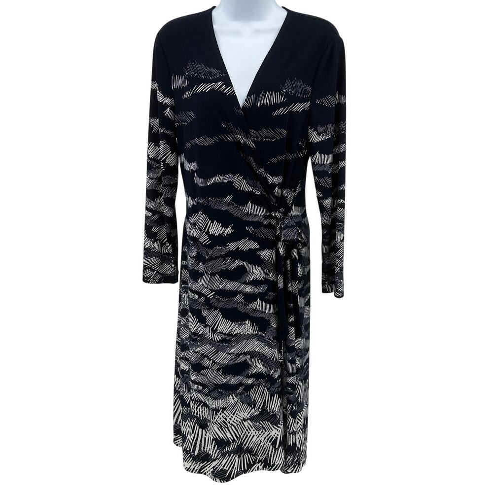 BCBGMAXAZRIA Adele Midnight Wrap‎ Dress SZ L Navy Blue White Printed Long Sleeve